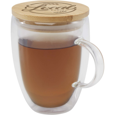 Logotrade Firmengeschenke das Foto: Leona 350 ml Glasbecher mit Bambusdeckel