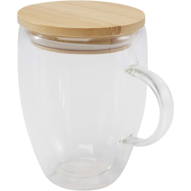Logotrade Werbeartikel das Foto: Leona 350 ml Glasbecher mit Bambusdeckel