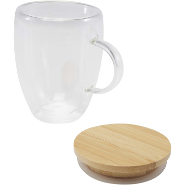 Logotrade Werbeartikel das Foto: Leona 350 ml Glasbecher mit Bambusdeckel