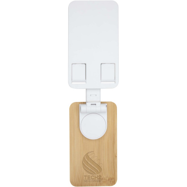 Logotrade Werbeartikel das Foto: Alfirk Klappbare Smartphonehalterung  aus recyceltem Kunststoff mit Bambusdetails