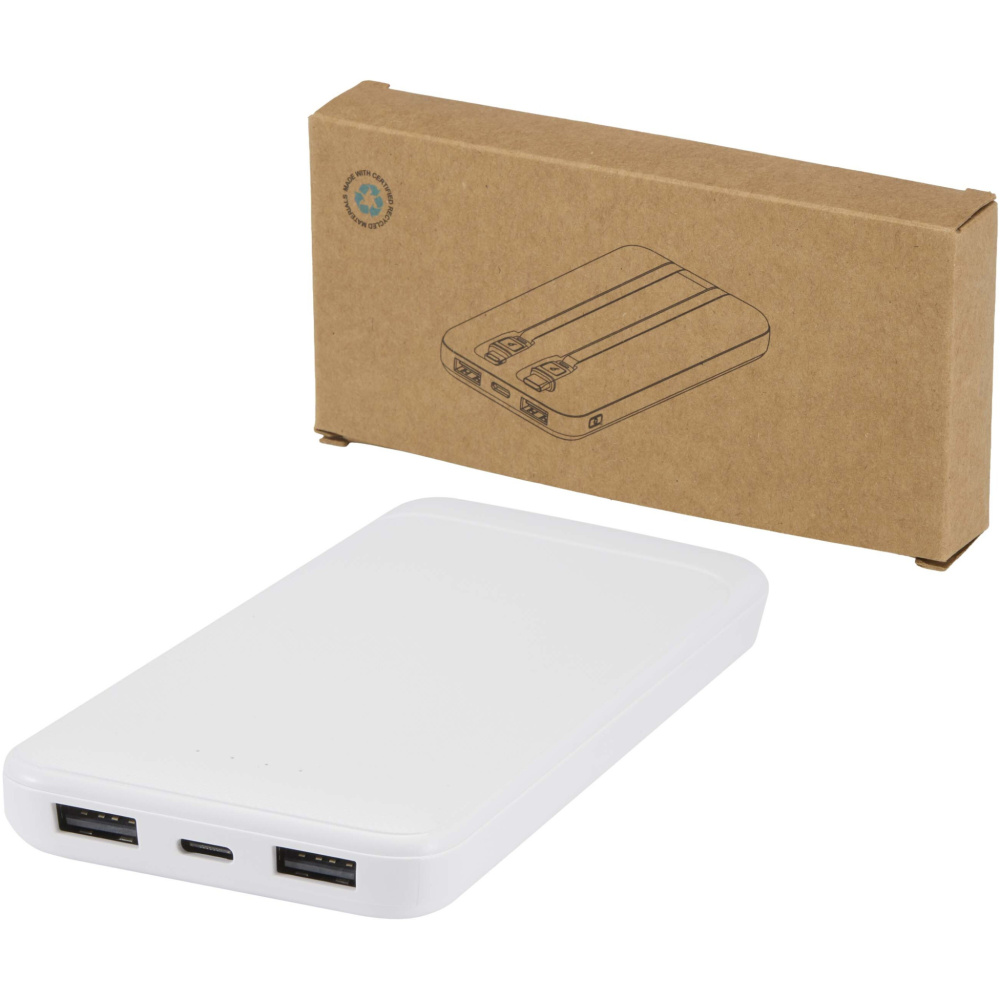 Logotrade Werbeartikel das Foto: Adhil 10 W 10.000 mAh Powerbank aus recyceltem Kunststoff mit 2 integrierten Kabeln