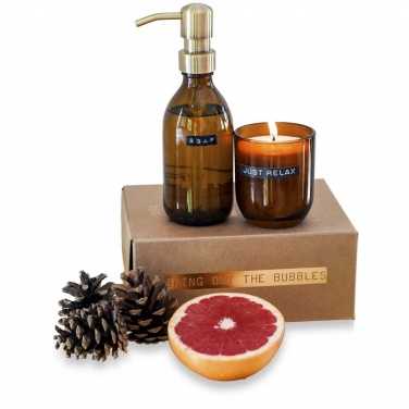 Logotrade promotional products photo of: Wellmark Discovery 200 ml hand soap dispenser and 150 g scented candle set - bamboo fragrance
