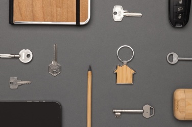 Logo trade promotional giveaways picture of: RCS recycled zinc alloy house keychain with bamboo