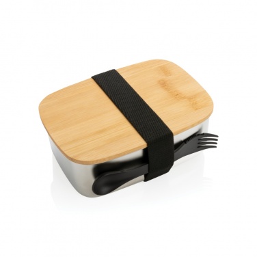 Logotrade corporate gift image of: Stainless steel lunchbox with bamboo lid and spork