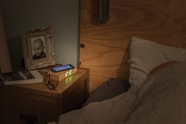 Logotrade promotional merchandise picture of: Bamboo alarm clock with 5W wireless charger