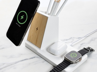 Logotrade promotional product image of: Ontario recycled plastic & bamboo 3-in-1 wireless charger