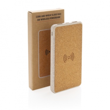 Logo trade promotional gifts image of: Cork and Wheat Straw 8.000 mAh 5W wireless powerbank
