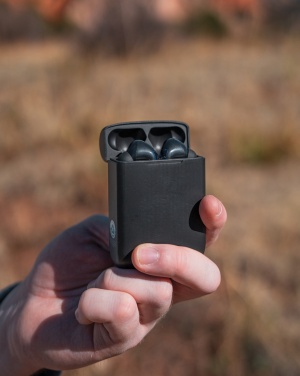 Logo trade promotional products image of: Skywave RCS recycled plastic solar earbuds