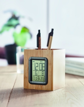 Logotrade promotional merchandise photo of: Bamboo pen holder and LCD clock