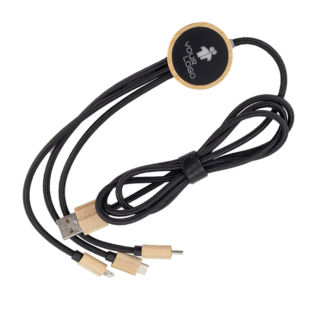 Logo trade promotional gifts image of: 3-in-1 cable with elighted logo in a wooden casing, LH-ZMU06