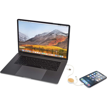 Logotrade promotional product image of: Chechia 5-in-1 recycled plastic 30 cm data sync and 27W fast charge cable with bamboo details