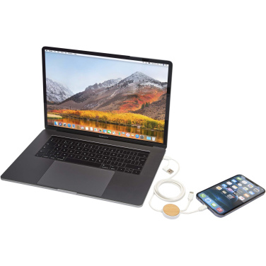 Logotrade promotional item picture of: Chechia 5-in-1 recycled plastic 150 cm data sync and 27W fast charge cable with bamboo details