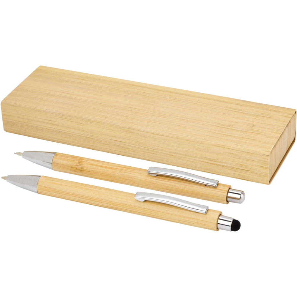 Logo trade promotional gift photo of: Oblys bamboo ballpoint pen and mechanical pencil set (black ink)