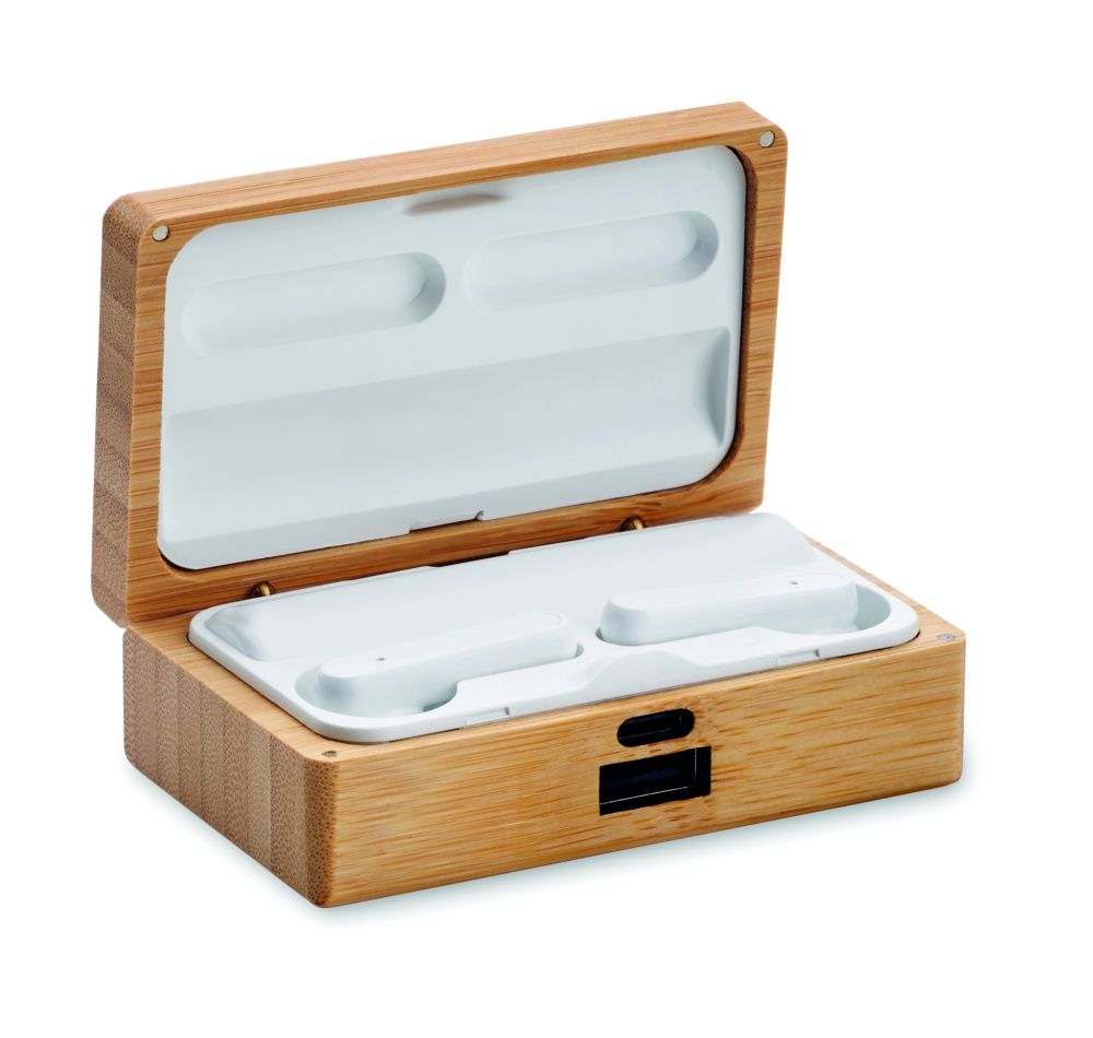 Logo trade advertising products image of: TWS earbuds in bamboo case