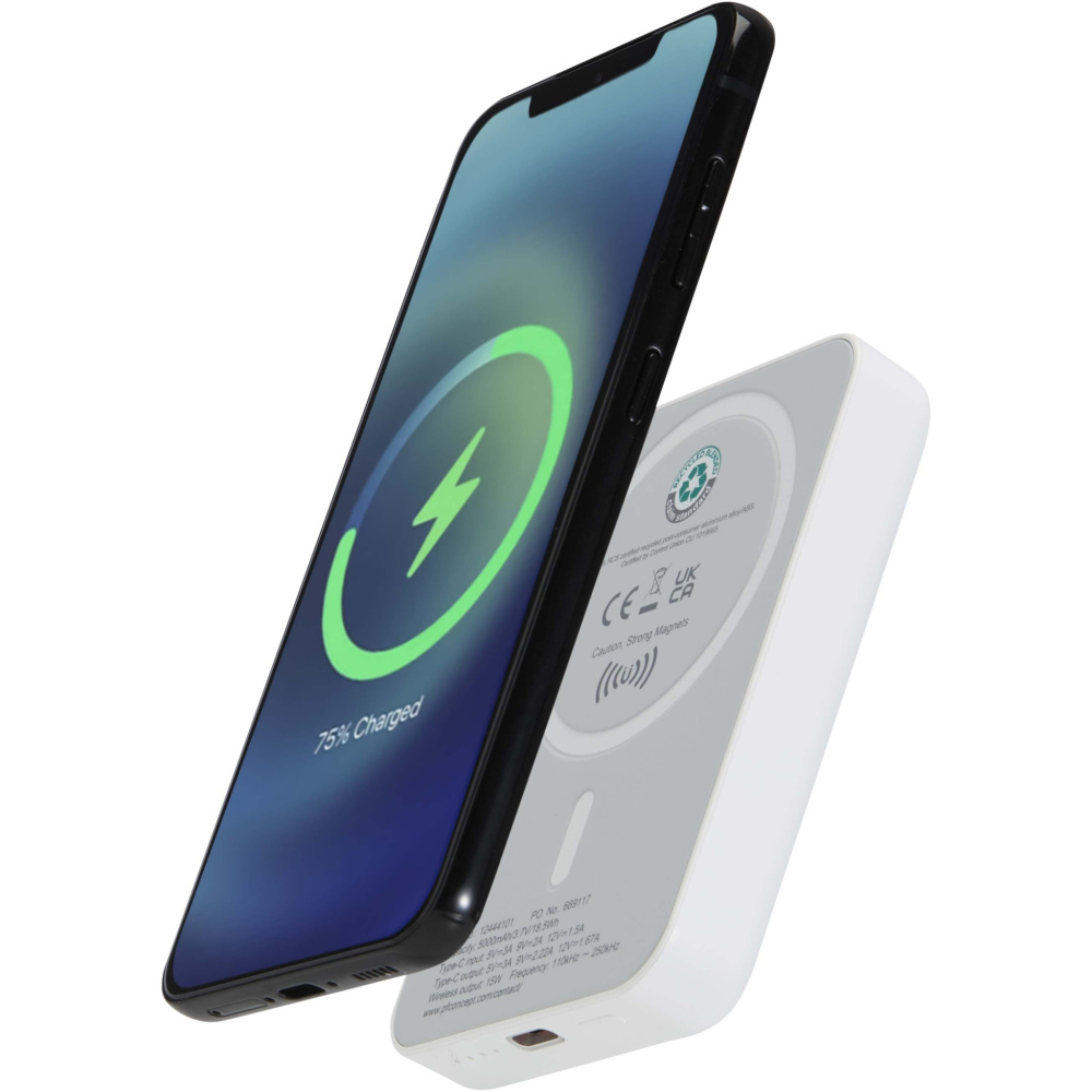 Logotrade promotional product image of: Acrab 5000 mAh 15W magnetic wireless power bank with 20W PD - made from recycled plastic
