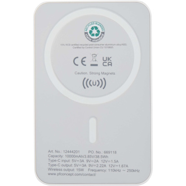 Logo trade promotional items image of: Acrab 10.000 mAh 15W magnetic wireless power bank with 20W PD - made from recycled plastic