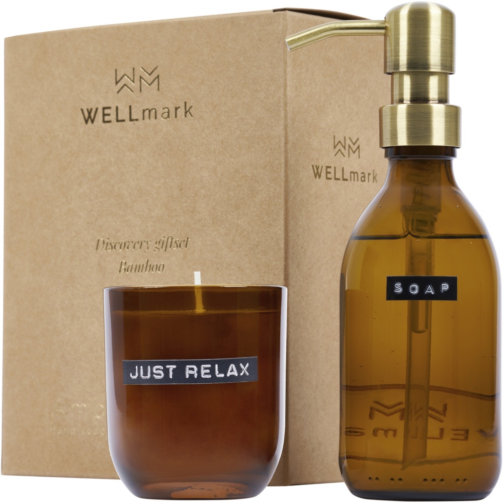 Logo trade reklaamtooted foto: Wellmark Discovery 200 ml käteseebi dosaator ja 150 g lõhnaküünla komplekt - bambuse lõhn