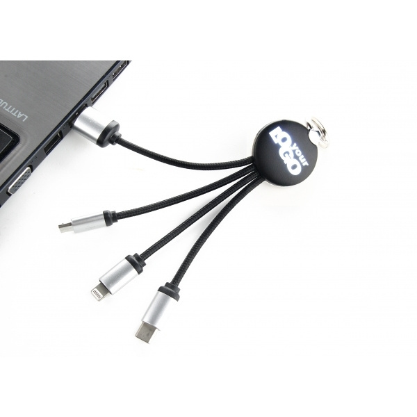 Logo trade liikelahja mainoslahja tuotekuva: 3in1-kaapeli, jossa valaistu logo kaiverrukseen, RXD-368