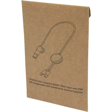 Logotrade mainoslahja tuotekuva: Chechia kierrätysmuovinen 30 cm:n ja 27 W:n datasynkronoiva 5-in-1-pikalatauskaapeli bambukoristeilla