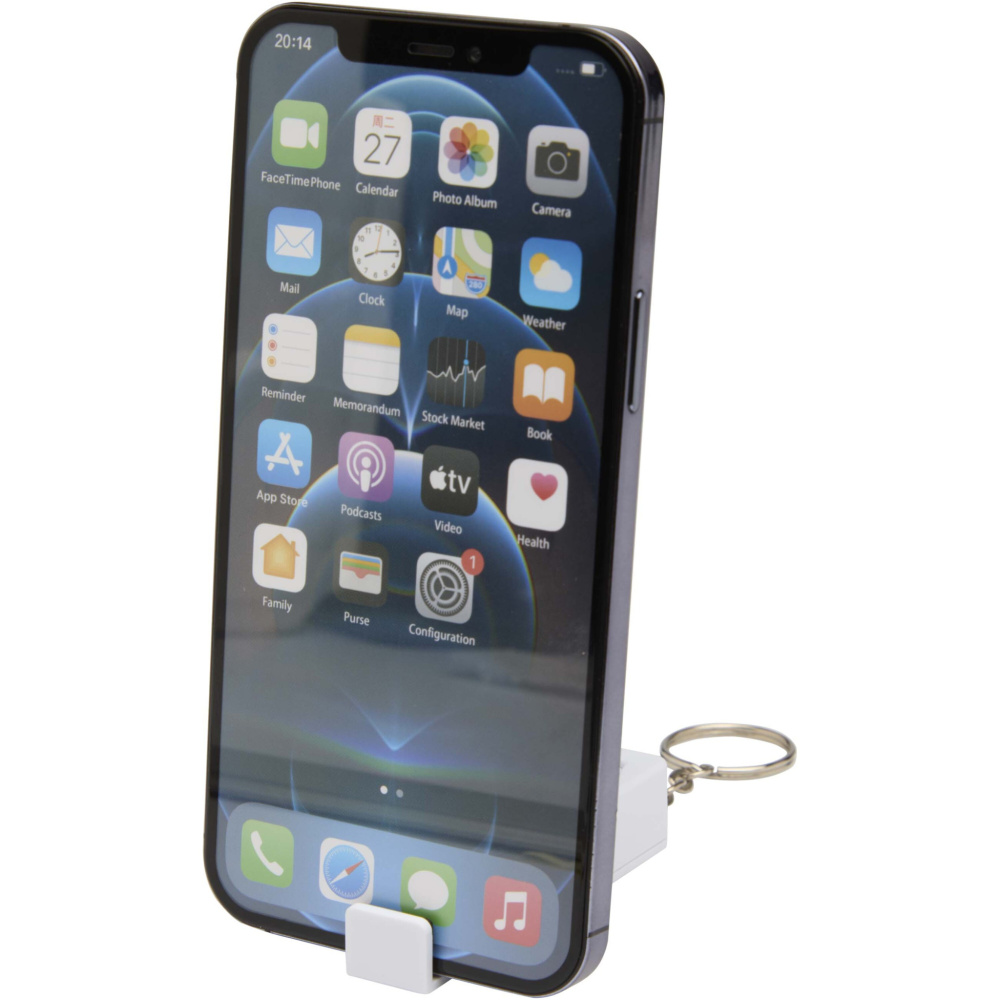 Logo trade mainostuotet tuotekuva: Aggia bambuinen puhelinjalusta ja kierrätetystä muovista tehty hypistelylelu