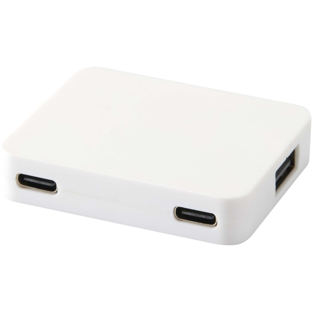 Logotrade firminės dovanos nuotrauka: „Gaia“ 4 prievadų USB šakotuvas su USB-A ir C tipo išvestimis bei dviguba įvestimi – pagamintas iš perdirbto plastiko