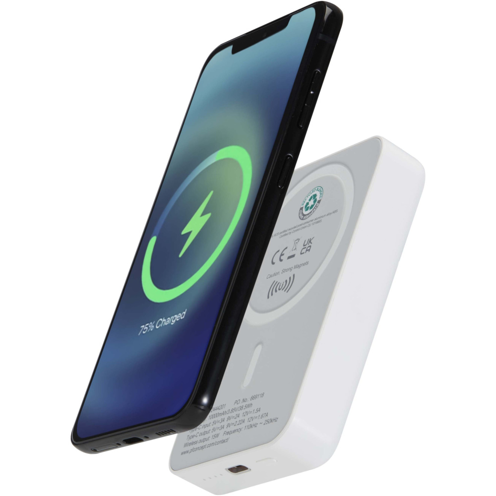 Logotrade reklaminiai produktai nuotrauka: „Acrab“ 10 000 mAh 15 W magnetinė belaidė išorinė baterija su 20 W PD – pagaminta iš perdirbto plastiko