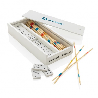 Logotrade reklamprodukter bild: Mikado (plockepinn) / domino i trälåda